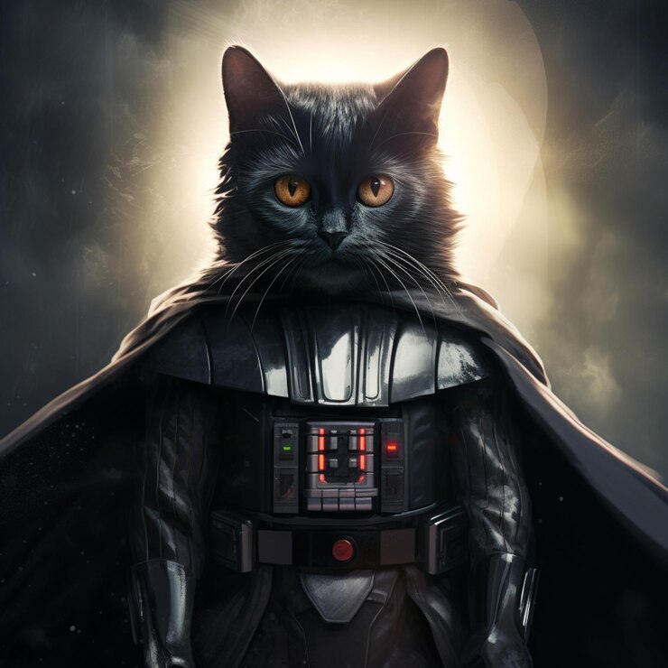 Foto gato araffe vestido como darth vader na frente de uma lua cheia generativa ai