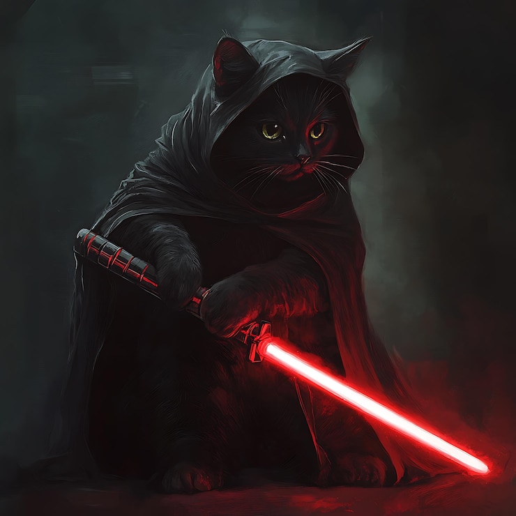 Foto gato araffe vestido como um personagem de jedi star wars com um sabre de luz vermelho