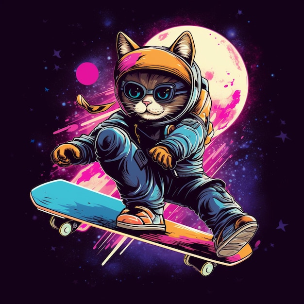 gato arafiado em um traje espacial andando de skate IA generativa