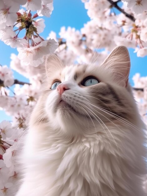 Un gato en un árbol con flores.