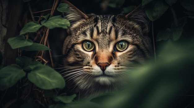 Un gato en un arbusto con hojas verdes.