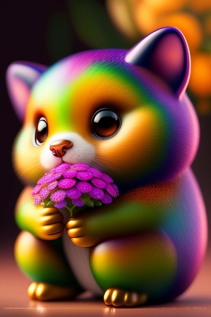 Gato arco-íris com um papel de parede de flor roxa