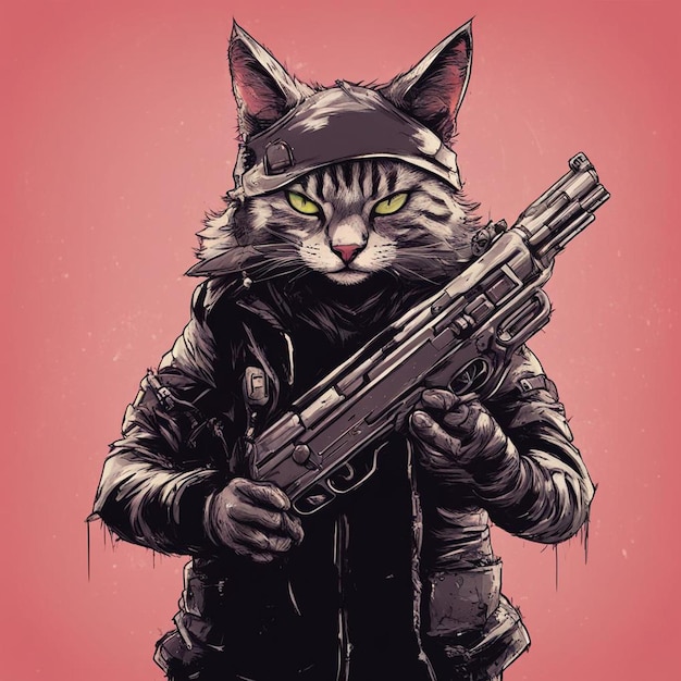 un gato con un arma en la mano estilo de arte gta estilo de dibujo cómico