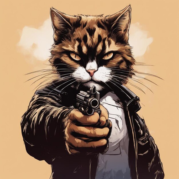 un gato con un arma en la mano estilo de arte gta estilo de dibujo cómico