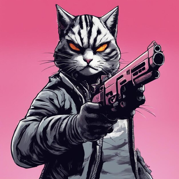 un gato con un arma en la mano estilo de arte gta estilo de dibujo cómico