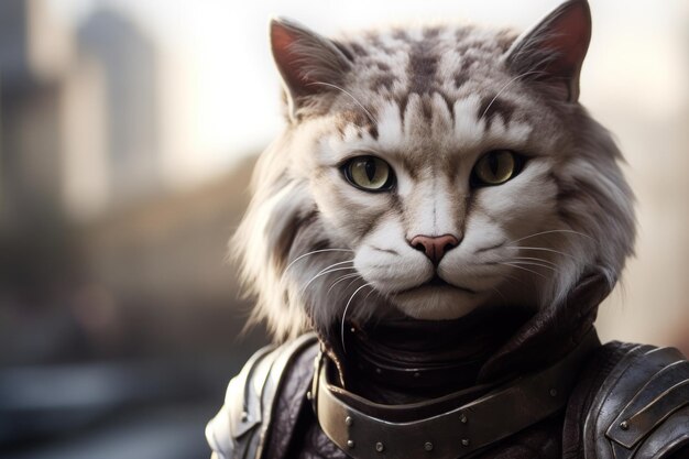 Un gato en armadura con bigotes largos