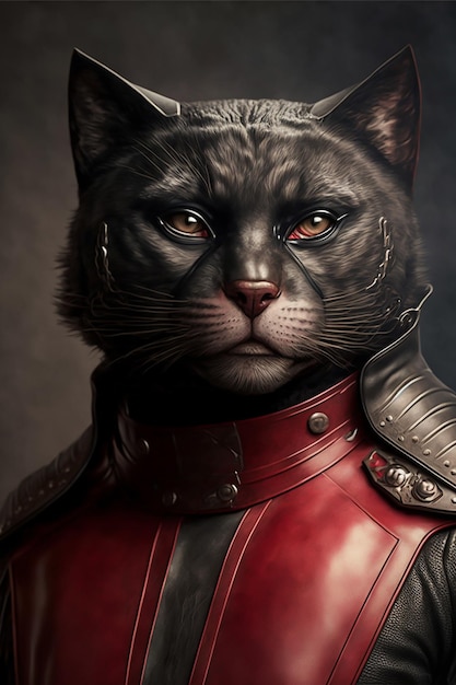 Un gato con una armadura roja.