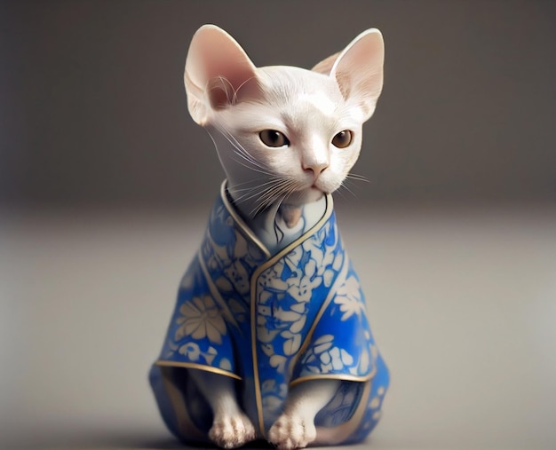 Gato asiático blanco en kimono