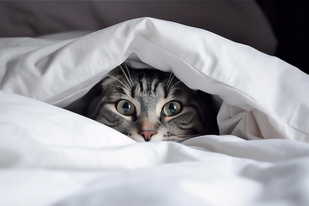 Un gato se asoma por debajo de una manta blanca.