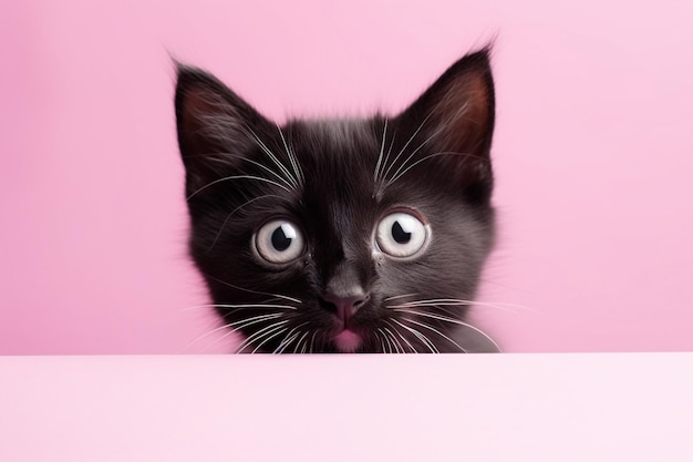 Un gato se asoma detrás de un fondo rosa