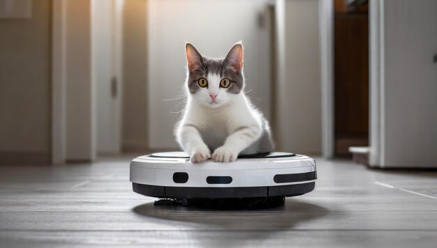 El gato en la aspiradora robot