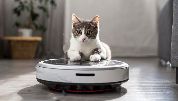 El gato en la aspiradora robot
