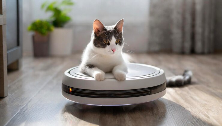 El gato en la aspiradora robot