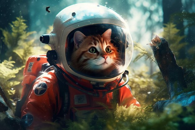 Gato astronauta con casco de astronauta en el bosque verde