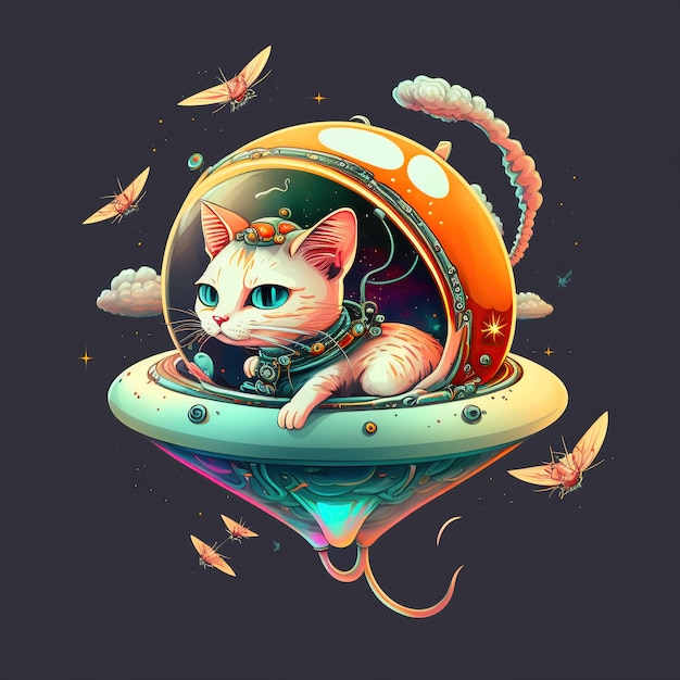 Un gato astronauta de dibujos animados está volando en una nave espacial con un casco en el espacio