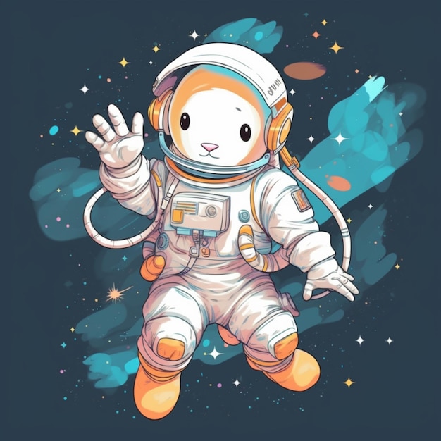 gato astronauta de dibujos animados saludando en el espacio con estrellas y planetas en el fondo ai generativo