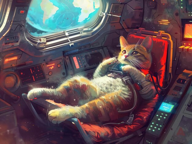 Gato Astronauta em Zero G Desenho detalhado de um gato flutuando em uma cabine de nave espacial perseguindo camundongos espaciais