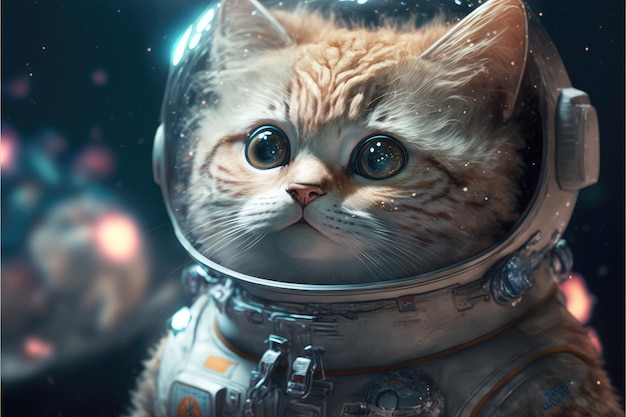 Gato astronauta flotando en el espacio con estrellas y fondo de galaxia