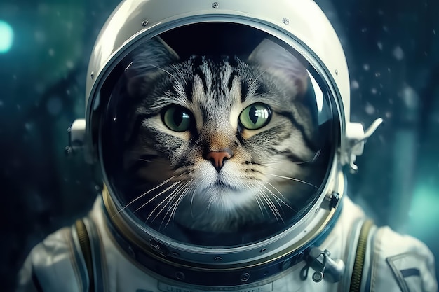 Gato astronauta en un traje espacial con casco AI