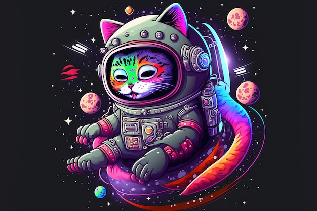 Un gato astronauta en un traje espacial con un gato arcoíris en la cabeza.