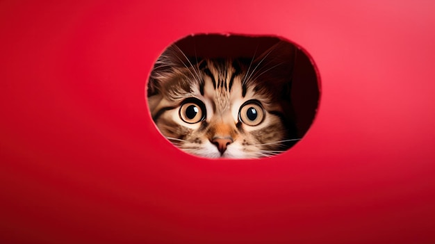 Un gato asustado se asoma desde detrás de una esquina sobre un fondo rojo
