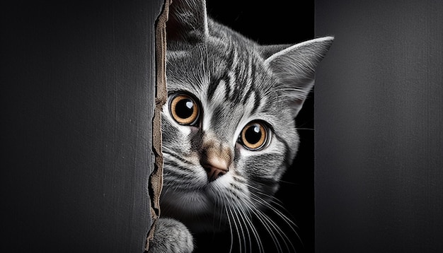 Un gato asustado se asoma desde la esquina con espacio de copia IA generativa