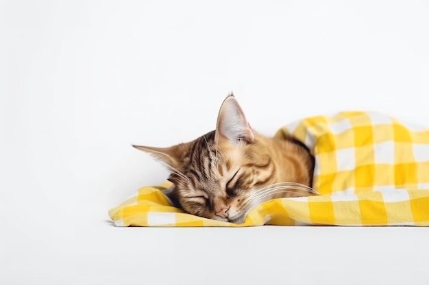 Un gato atigrado cansado y enfermo yace durmiendo en un primer plano a cuadros amarillo generado por IA
