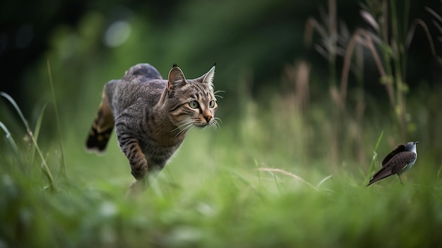 Un gato atigrado corre por la hierba.
