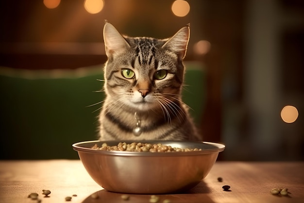 Un gato atigrado gris se sienta junto a un recipiente de hierro con comida seca en la habitación Almacenes y alimentos para animales generados por IA