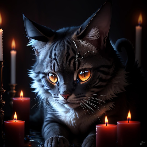 Gato atigrado a la luz de las velas rojas