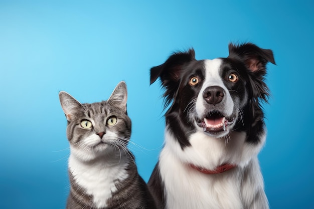 Gato atigrado rayado y perro collie fronterizo con expresión feliz juntos sobre fondo azul banner fra