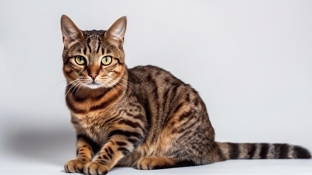 Un gato atigrado se sienta sobre un fondo blanco.