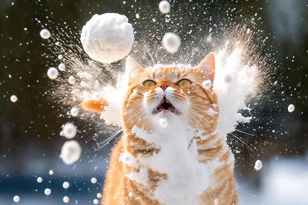 Gato atingido por uma bola de neve Gatinho bonito com rosto surpreso e zangado atingido pela neve durante o jogo de inverno Gerado por IA