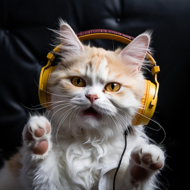 un gato con auriculares amarillos