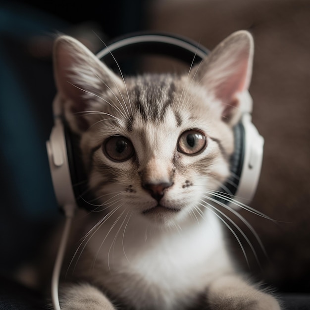 Un gato con auriculares blancos y una camisa a rayas.