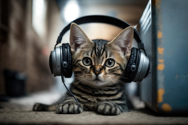 Un gato con auriculares y una caja detrás.