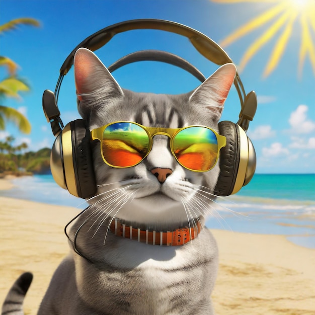 gato con auriculares disfrutando del sol en la playa de Pandora