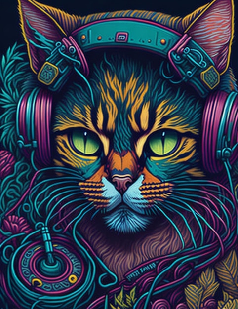 Foto el gato con los auriculares es colorido.