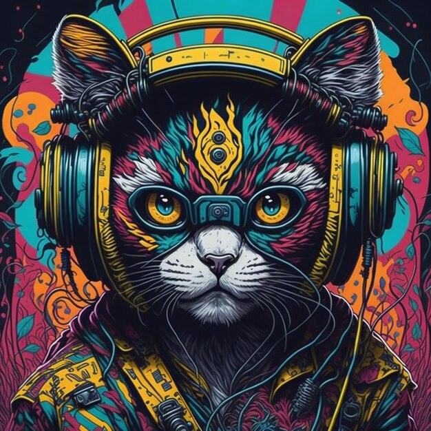 El gato con los auriculares es colorido.