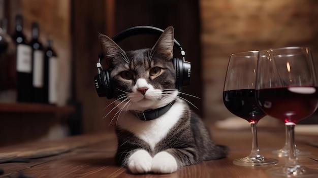 Gato en los auriculares en la IA generativa de cata de vinos