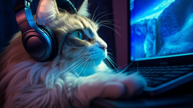 gato con auriculares juega en casa en la computadora