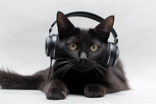 Gato con auriculares sobre fondo blanco IA generativa