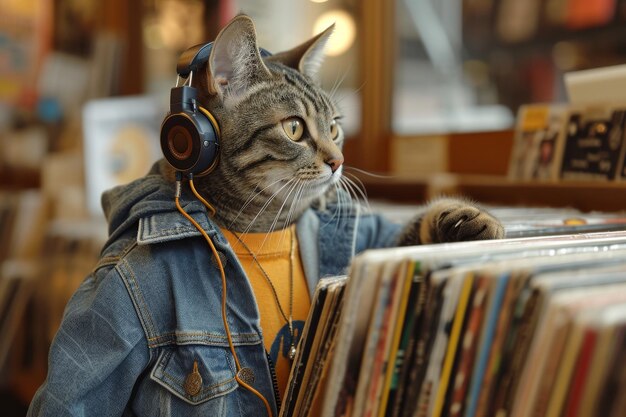 Un gato con auriculares en una tienda de música