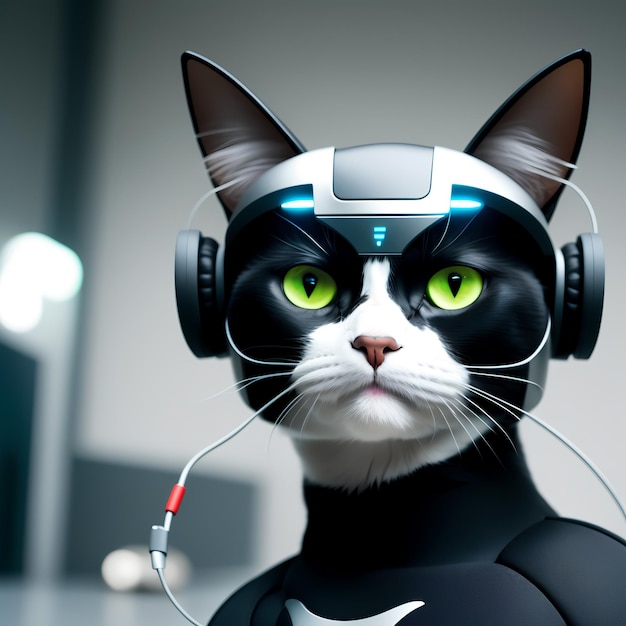 Un gato con auriculares y un traje de robot AI