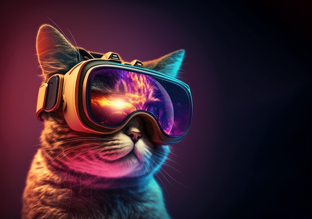Gato en auriculares VR disfrutando de realidad virtual aumentada IA generativa