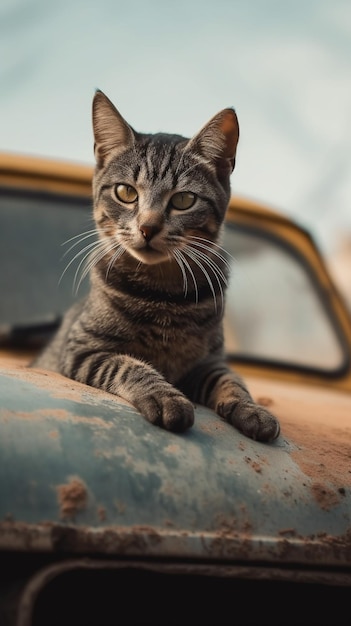 Un gato en un auto con la palabra gato en él.