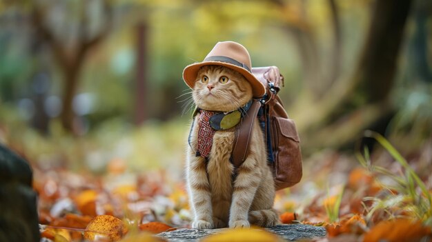 Gato aventureiro vestido com equipamento de viagem e uma mochila explora as maravilhas da natureza encarnando a curiosidade e a vontade de vagar em sua jornada através de paisagens cênicas