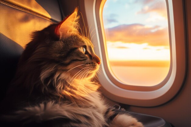 gato en un avión cerca de una ventana al atardecer