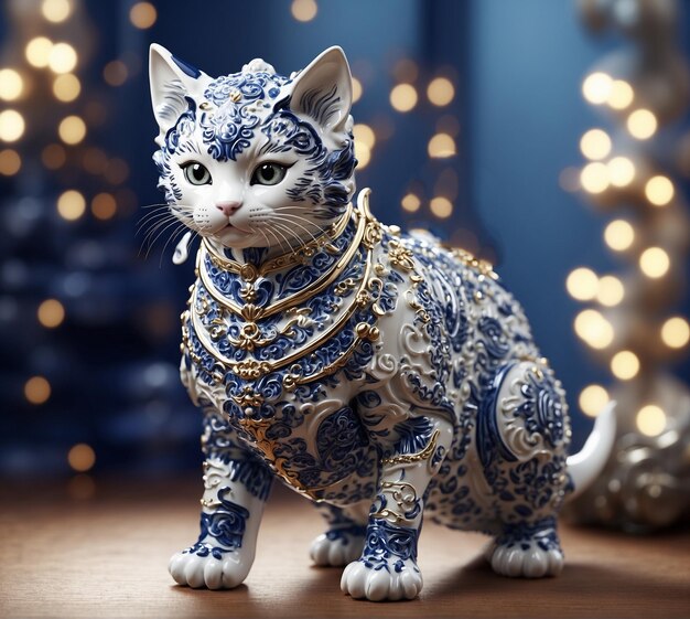 Gato azul con una cadena de oro en el fondo de un árbol de Navidad
