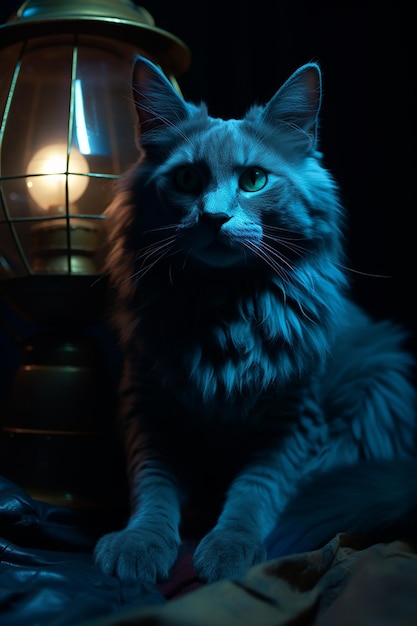 Gato azul por la lámpara Una noche acogedora